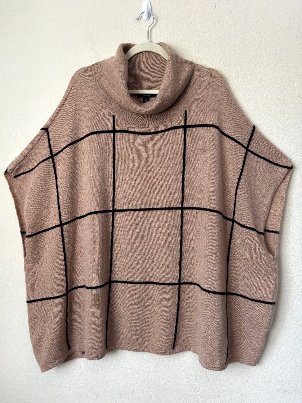 Charter Club Cashmere L/XL Grid Windowpane Print Turtleneck Poncho Sweater